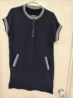 Zara Navy Blue Short-Sleeve Polo Dress with White Stripe Trim - S